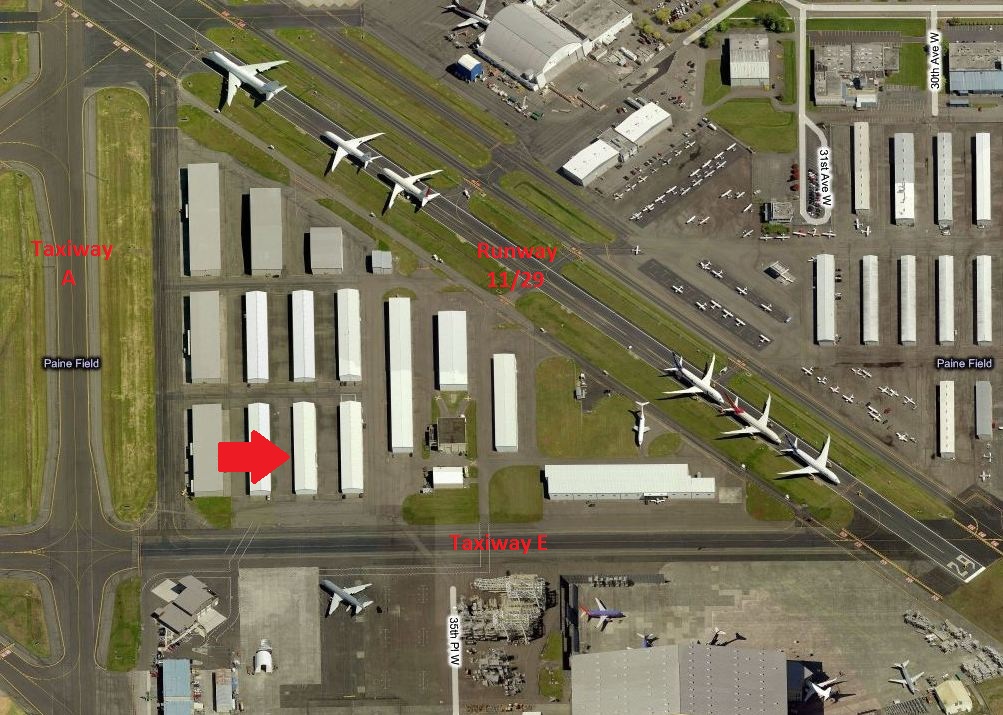 Aerial map of the West Hangars at Paine Field, with a red arrow marking our hangar, 35-08
